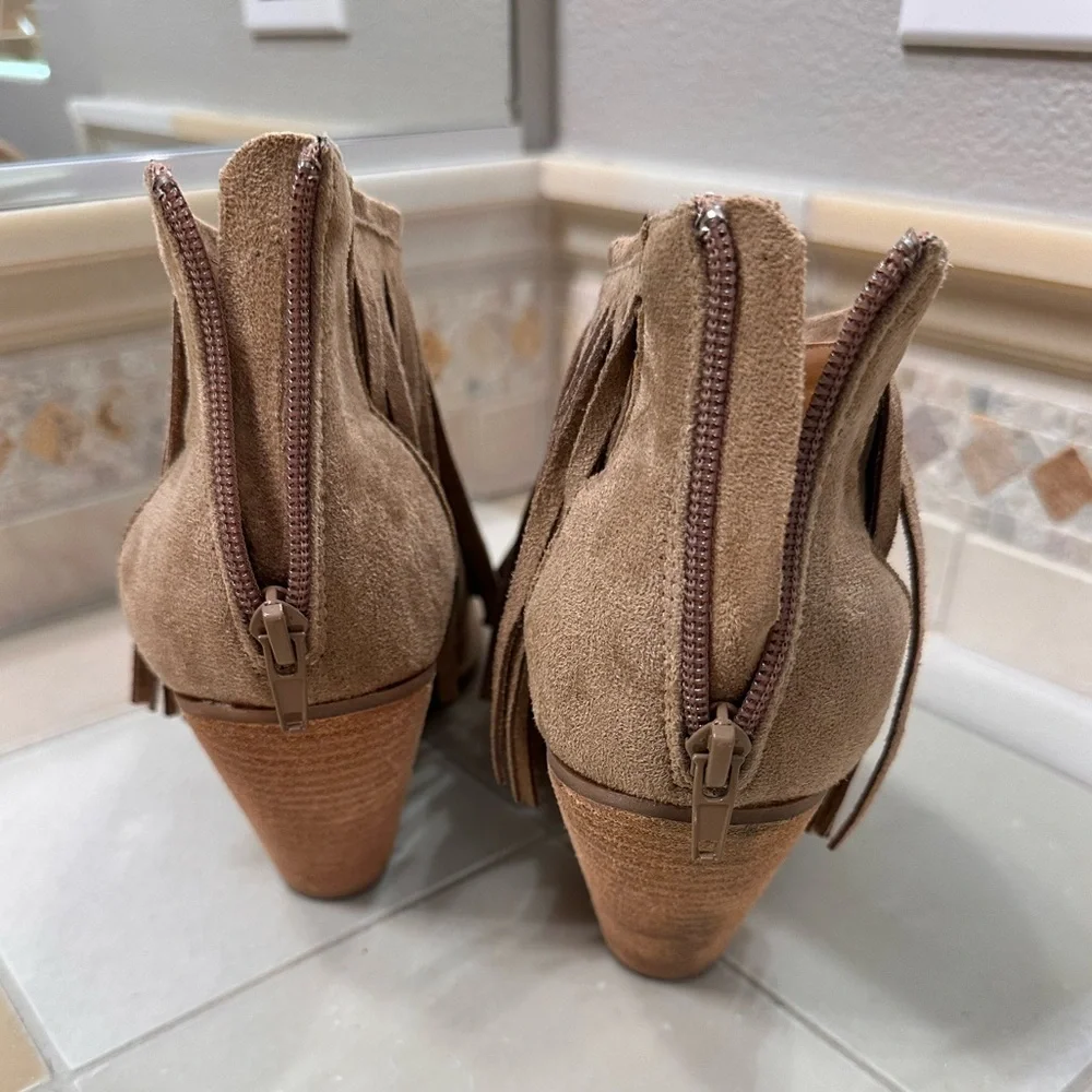 Mojo Moxy Tan Fringe Peep-Toe Booties - Picture 5 of 7